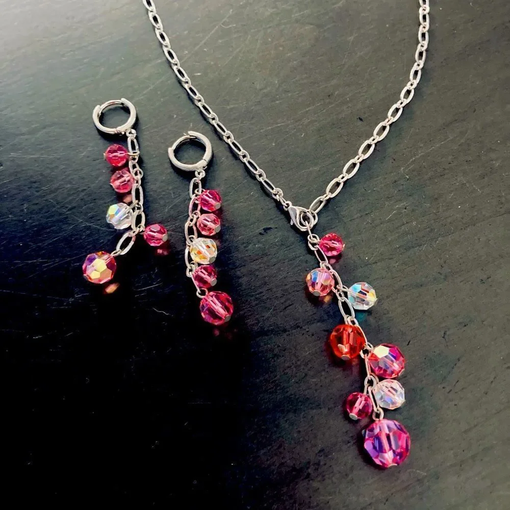 Pink Beaded Silver Chain Earrings Necklace Set